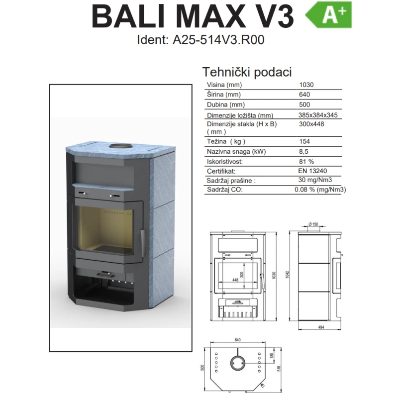 Kaminska peć Thermia Bali Max V3 - sivi, prirodni kamen