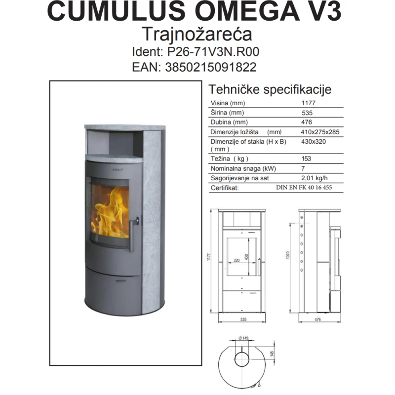 Kaminska peć Thermia Cumulus Omega V3- sivi, prirodni kamen, trajnožareći