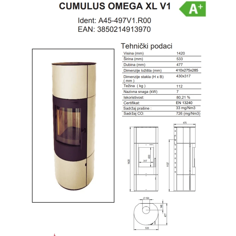 Kaminska peć Thermia Cumulus Omega XL V1- crni, bez kamena, trajnožareći