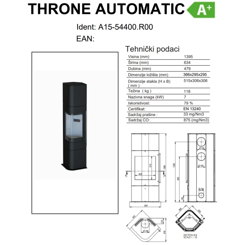 Kaminska peć Thermia Throne Automatic - crni, bez kamena